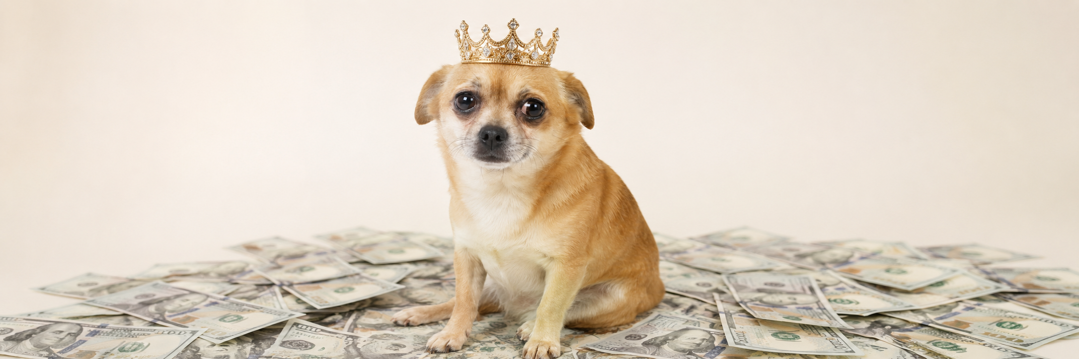 CashDog, a small chihuahua wearing a golden crown, sitting on a spread of one hundred dollar bills