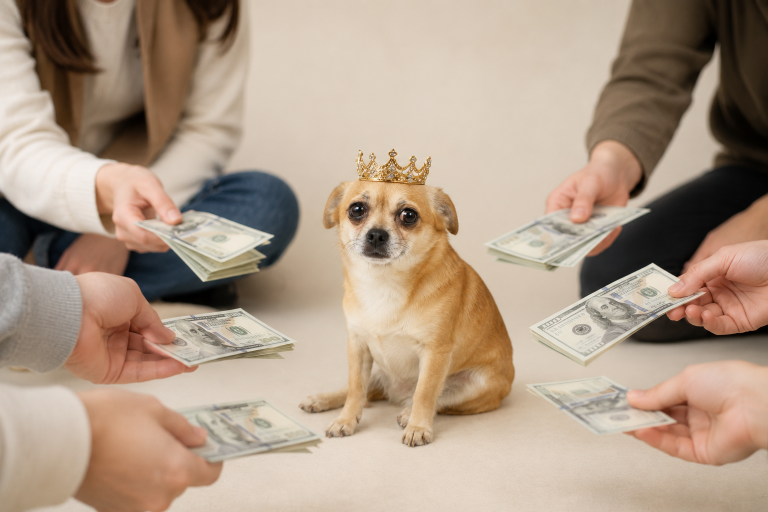 Several hands offering one hundred dollar bills to CashDog, the crowned chihuahua sitting in the center
