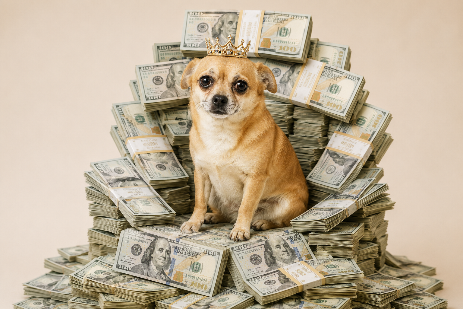 CashDog sitting on a throne built from bundled stacks of hundred dollar bills